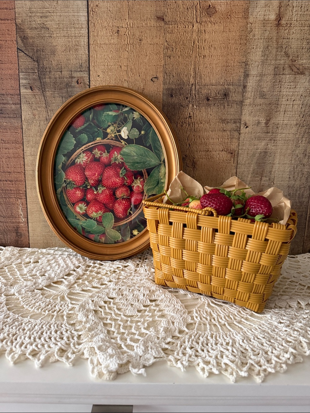 Strawberry Vignette Woven Yellow Basket with Faux Strawberries & Oval Wall Art